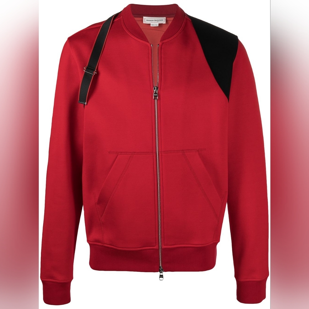 ❌️SOLD❌️ Alexander McQueen L 50 Red Black Bomber Varsity Harness Strap Jacket